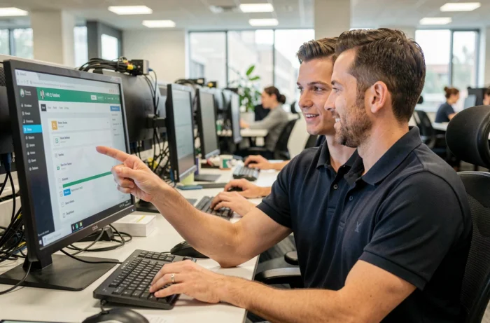 Spécialiste informatique aidant un collègue à résoudre un problème de connexion à un logiciel RH en entreprise