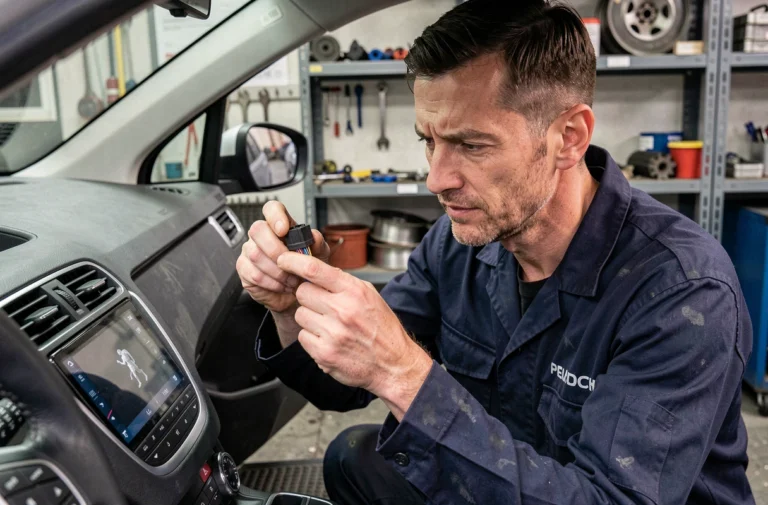 Technicien automobile analysant le schéma de branchement autoradio Peugeot derrière le tableau de bord