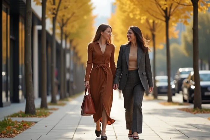 Deux femmes stylées en tenue tendance automne marchant dans une avenue arborée en ville, robe tricot rouille et costume à carreaux