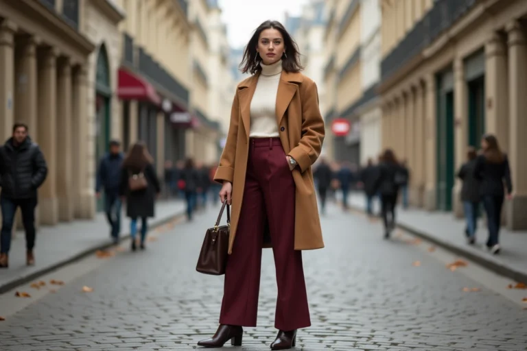 Femme élégante en blazer camel oversize et pantalon large bordeaux sur un trottoir parisien en automne, tendances mode saison