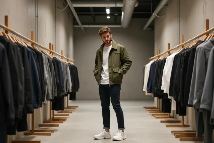 Homme en veste utility verte et sneakers blanches dans un concept store minimaliste, style mode contemporain tendance