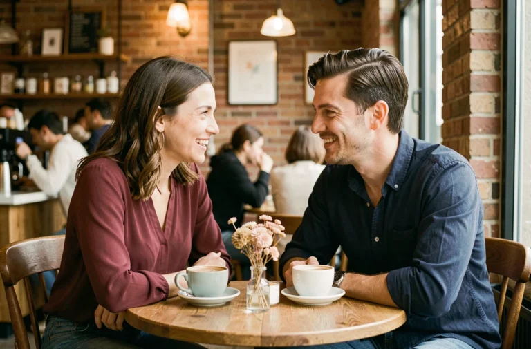 Un couple lors de leur troisième rendez-vous amoureux dans un café cosy, échangeant un sourire complice et une conversation animée
