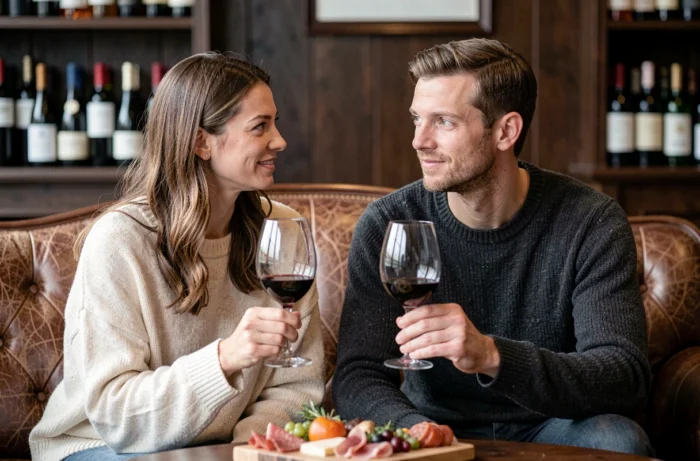 Un couple partageant un verre de vin rouge dans un bar intimiste lors d'un troisième rendez-vous romantique