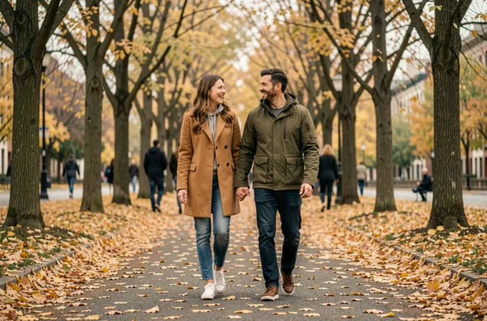 Un couple complice se promenant dans un parc en automne lors d'un troisième rendez-vous détendu