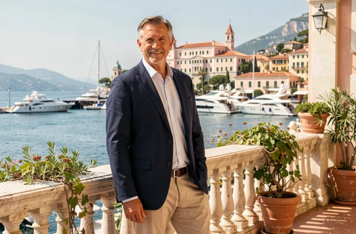 Homme élégant sur une terrasse avec vue sur le port de Monaco et ses yachts de luxe