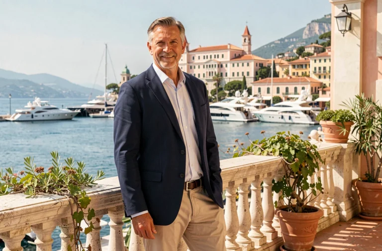 Homme élégant sur une terrasse avec vue sur le port de Monaco et ses yachts de luxe