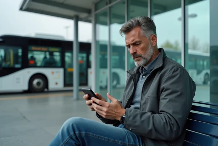 Voyageur consultant le service client Blablacar Bus sur son téléphone dans une gare routière moderne