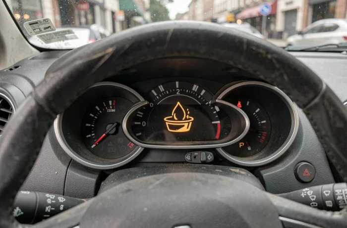 Voyant goutte bassine allumé sur le tableau de bord d'une Renault Clio 3