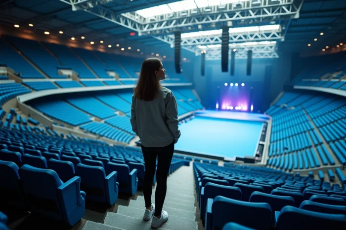 Vue panoramique depuis les gradins supérieurs de l'Accor Arena avec la scène en fond