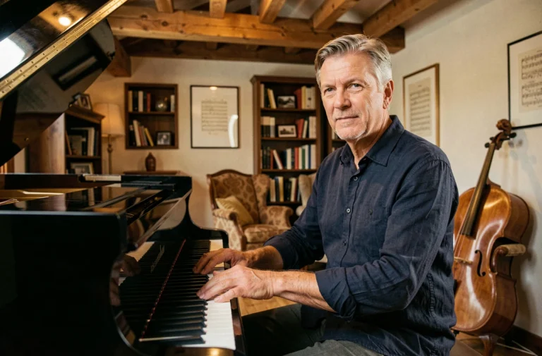 Yvan Cassar au piano dans son studio de musique familial, atmosphère chaleureuse et artistique